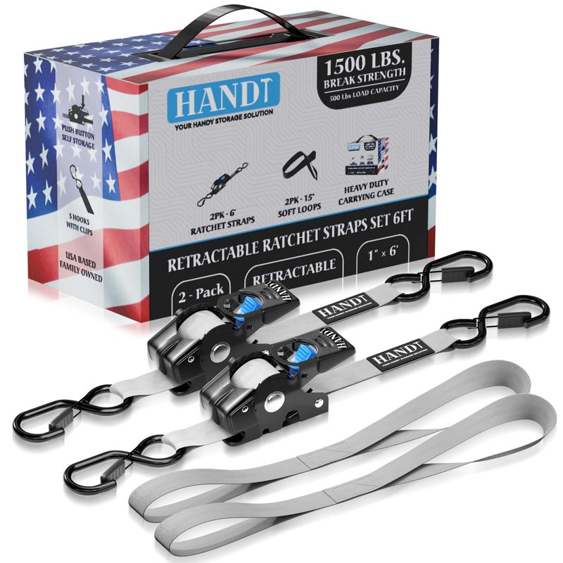 HandT USA Based Retractable Ratchet Straps (2PK) 1in x 6ft - 1 500lb Break Strength  Heavy Duty Automatic Ratchet Straps Self Retractable Tie Down  Push Button Retracting Truck Trailer Cargo | Gray - Image 1